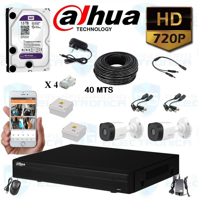 Kit De Seguridad Dahua 4 Canales+2 Bullet y elementos de conexión